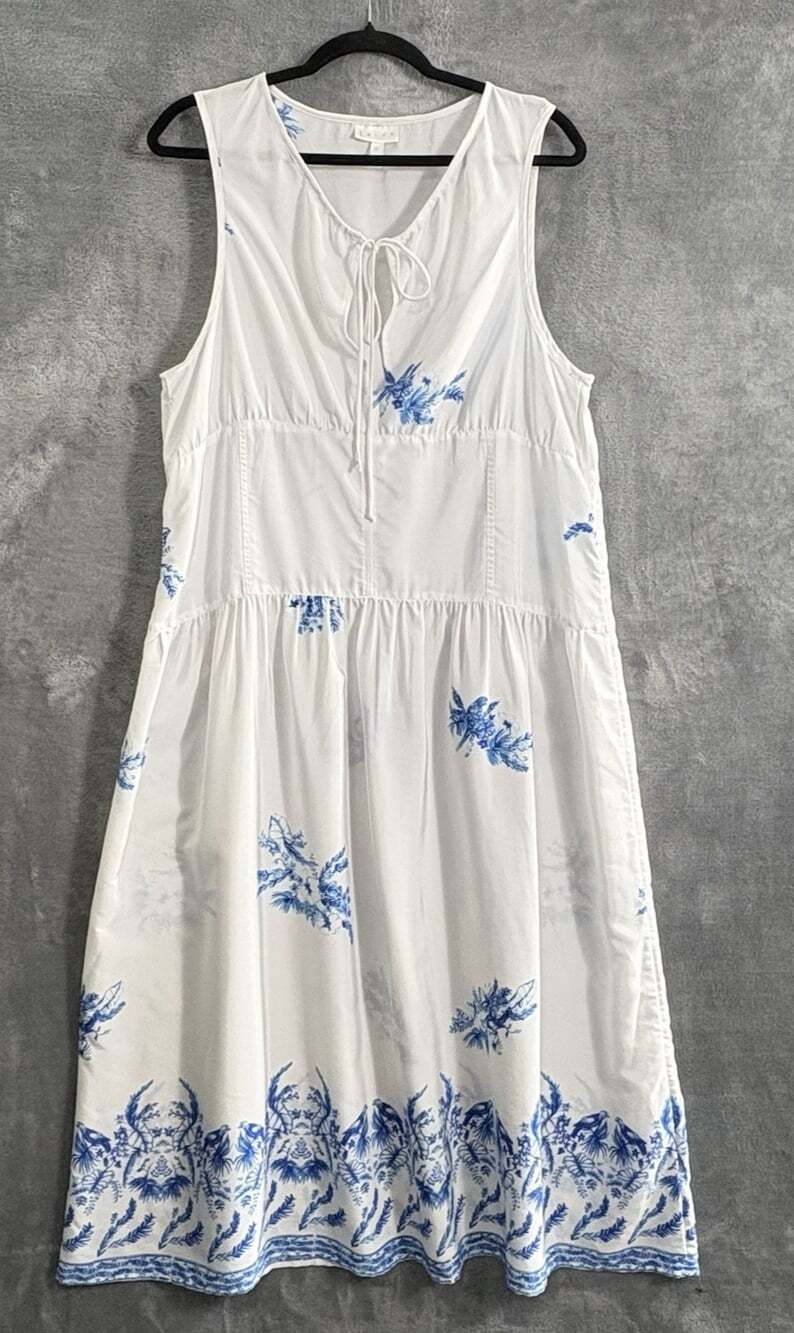 LEITH Women Sleeveless Birds Floral Maxi Dress Sz L White Coastal Beach 52-15